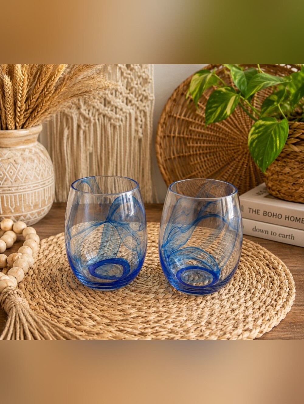 pier 1 imports hand blown blue swirl stemless glasses set of 2 art glass tumbler
